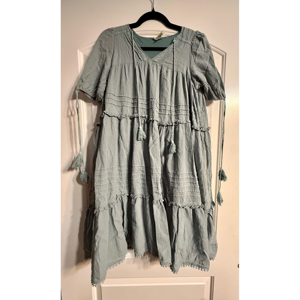Listicle Tiered Boho Dress Small Blue Cotton Gauze Mini Tassels Cottagecore